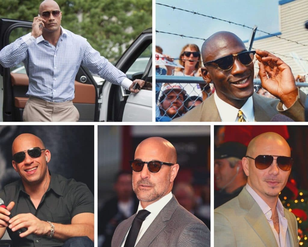 bald celebrities, celebs, sunglasses, style, fashion, the rock, dwayne johnson, michael jordan, vin diesel, stanley tucci, pitball