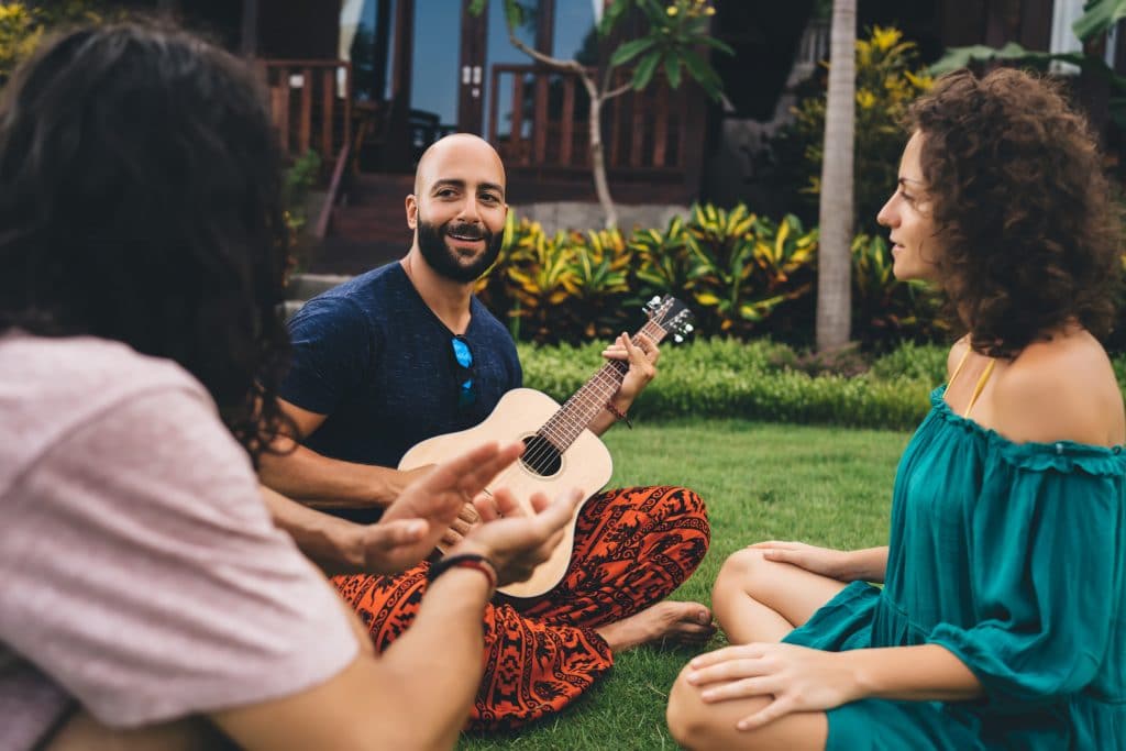 chilled out guy on vacation bald beard