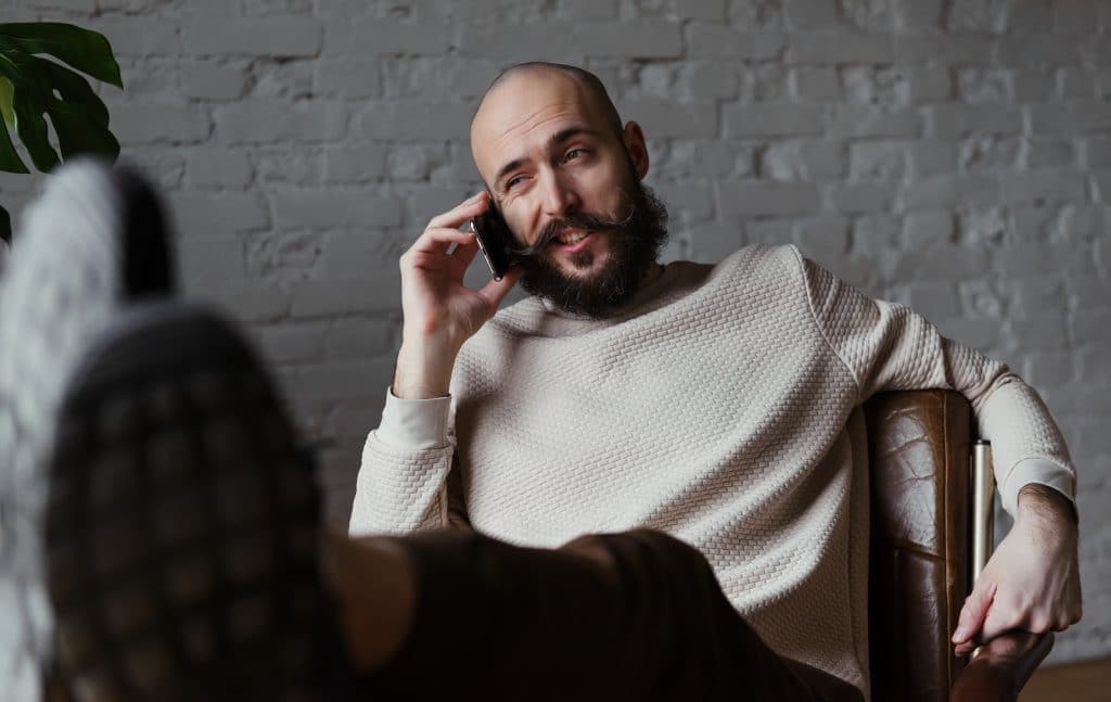 relaxed fashion look for bald guy and beard